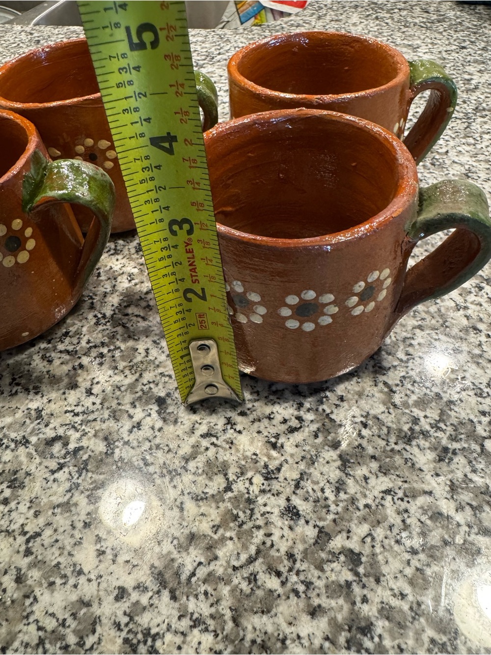Handcrafted Terracotta Brown Floral Ceramic Mugs with Green Handles - Set - Picture 6 of 7